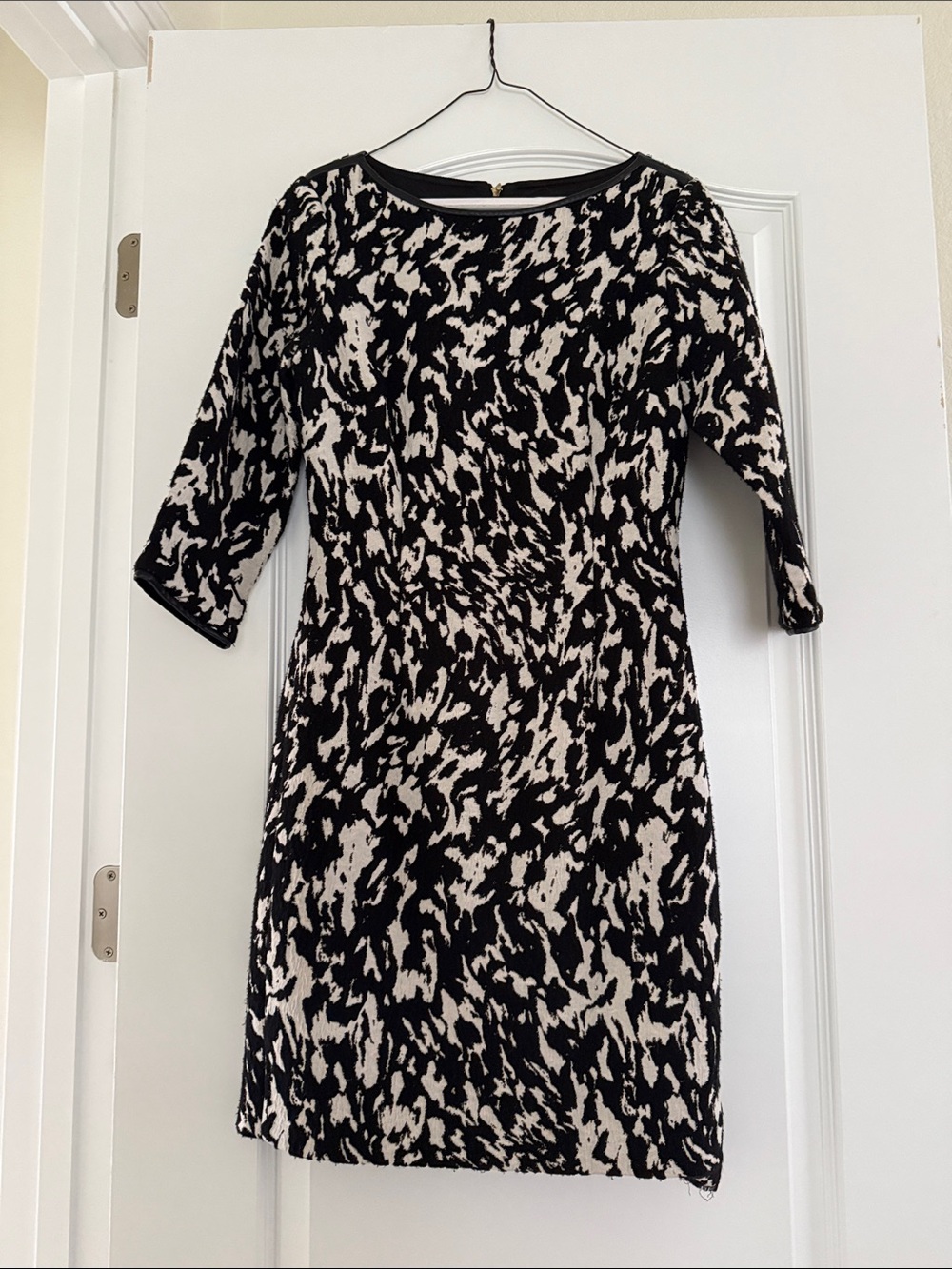 Reiss black and cream smudge print Jacques shift dress leather trim women’s 4